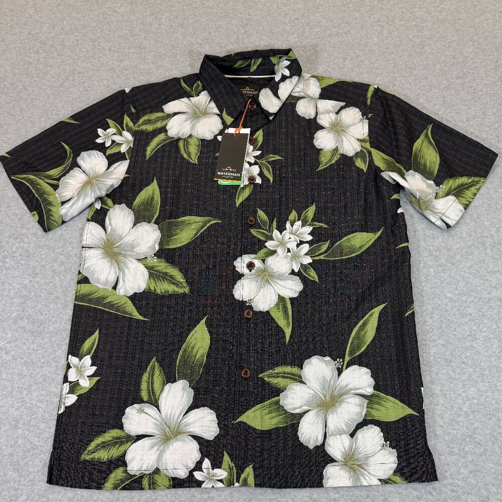 Quiksilver Waterman Outer Reef SS Shirt Small Black Floral Print Comfort Fit NWT